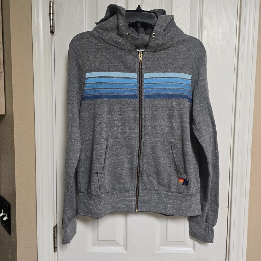 Aviator Nation *FLAW*  Gray 5-Stripe Zip Up Hoodie Blue Stripes Sz Small